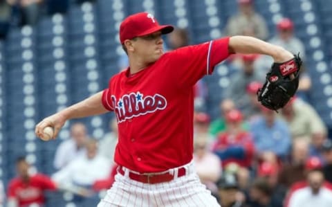 May 18, 2016; Philadelphia, PA, USA; Philadelphia Phillies starting pitcher Jeremy Hellickson (58) pitches during the first inning against the Miami Marlins at Citizens Bank Park. Mandatory Credit: Bill Streicher-USA TODAY Sports