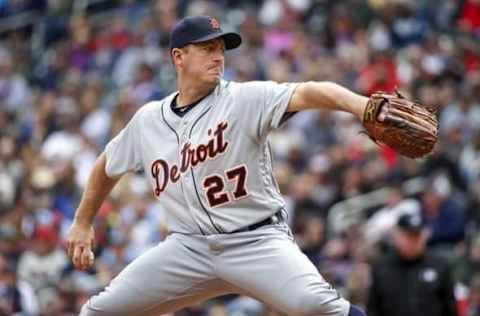 Apr 30, 2016; Minneapolis, MN, USA; Detroit Tigers starting pitcher Jordan Zimmermann (27) pitches to the Minnesota Twins in the third inning at Target Field. Mandatory Credit: Bruce Kluckhohn-USA TODAY Sports