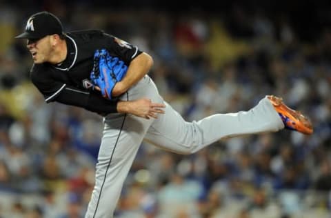 April 28, 2016; Los Angeles, CA, USA; Miami Marlins starting pitcher Jose Fernandez (16) throws in the fourth inning against Los Angeles Dodgers at Dodger Stadium. Mandatory Credit: Gary A. Vasquez-USA TODAY Sports