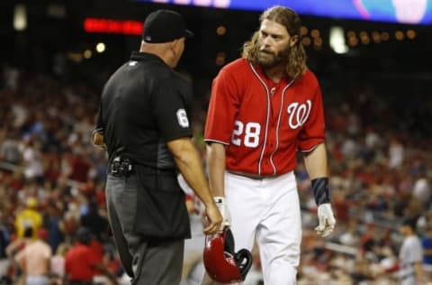 May 28, 2016; Washington, DC, USA; Washington Nationals left fielder Jayson Werth (28) talks with home plate umpire Mark Carlson after striking out against the St. Louis Cardinals in the eighth inning at Nationals Park. The Cardinals won 9-4. Mandatory Credit: Geoff Burke-USA TODAY Sports