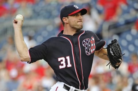 May 27, 2016; Washington, DC, USA; Washington Nationals starting pitcher Max Scherzer (31) throws to the St. Louis Cardinals during the first inning at Nationals Park. Mandatory Credit: Brad Mills-USA TODAY Sports