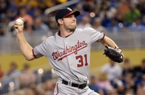 May 22, 2016; Miami, FL, USA; Washington Nationals starting pitcher Max Scherzer (31) delivers a pitch against the Miami Marlins during the first inning at Marlins Park. Mandatory Credit: Steve Mitchell-USA TODAY Sports