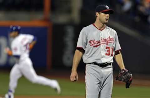 May 17, 2016; New York City, NY, USA; Washington Nationals starting pitcher Max Scherzer (31) reacts after giving up a solo home run to New York Mets left fielder Michael Conforto (30) during the third inning at Citi Field. Mandatory Credit: Adam Hunger-USA TODAY Sports