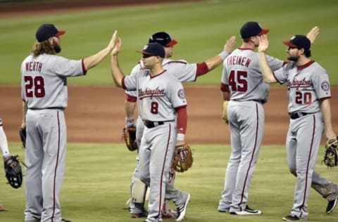 May 22, 2016; Miami, FL, USA; Washington Nationals players celebrate after defeating the Miami Marlins 8-2 at Marlins Park. Mandatory Credit: Steve Mitchell-USA TODAY Sports