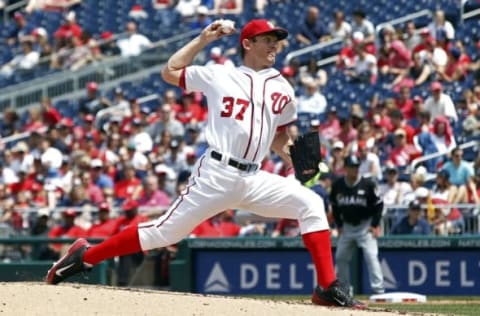 May 14, 2016; Washington, DC, USA; Washington Nationals starting pitcher Stephen Strasburg (37) pitches against the Miami Marlins in the fourth inning at Nationals Park. The Nationals won 6-4. Mandatory Credit: Geoff Burke-USA TODAY Sports