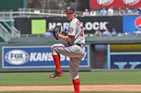 May 4, 2016; Kansas City, MO, USA; Washington Nationals pitcher Stephen Strasburg (37) delivers a pitch against the Kansas City Royals during the third inning at Kauffman Stadium. Mandatory Credit: Peter G. Aiken-USA TODAY Sports