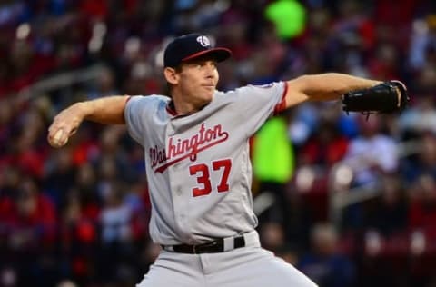 Apr 29, 2016; St. Louis, MO, USA; Washington Nationals starting pitcher Stephen Strasburg (37) throws the ball against the St. Louis Cardinals during the first inning at Busch Stadium. Mandatory Credit: Jeff Curry-USA TODAY Sports