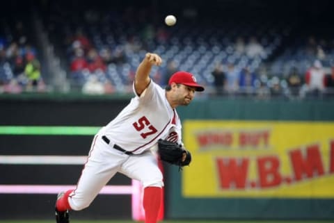 Apr 28, 2016; Washington, DC, USA; Washington Nationals starting pitcher Tanner Roark (57) throws to the Philadelphia Phillies during the first inning at Nationals Park. Mandatory Credit: Brad Mills-USA TODAY Sports