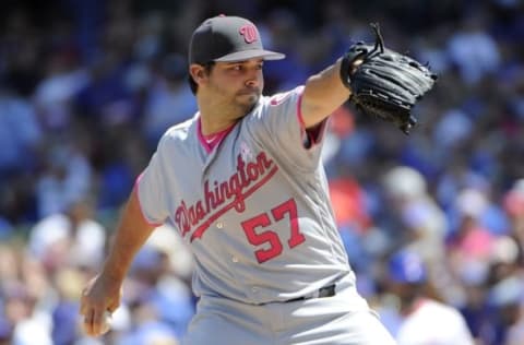 May 8, 2016; Chicago, IL, USA; Washington Nationals starting pitcher Tanner Roark (57) throws the ball against the Chicago Cubs during the first inning at Wrigley Field. Mandatory Credit: David Banks-USA TODAY Sports