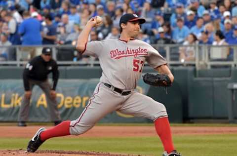 May 3, 2016; Kansas City, MO, USA; Washington Nationals starting pitcher Tanner Roark (57) delivers a pitch in the first inning against the Kansas City Royals at Kauffman Stadium. Mandatory Credit: Denny Medley-USA TODAY Sports