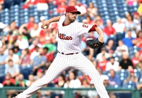 May 31, 2016; Philadelphia, PA, USA; Philadelphia Phillies starting pitcher Aaron Nola (27) throws a pitch against the Washington Nationals during the first inning at Citizens Bank Park. Mandatory Credit: Eric Hartline-USA TODAY Sports