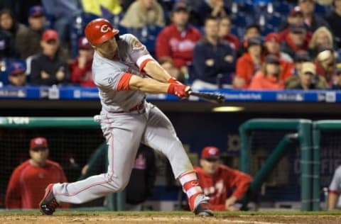 May 14, 2016; Philadelphia, PA, USA; Cincinnati Reds left fielder Adam Duvall (23) hits an RBI double during the ninth inning against the Philadelphia Phillies at Citizens Bank Park. The Philadelphia Phillies won 4-3. Mandatory Credit: Bill Streicher-USA TODAY Sports