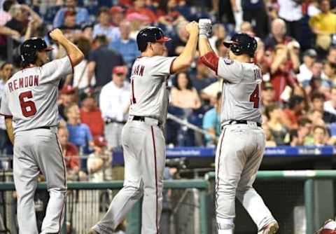 Jun 1, 2016; Philadelphia, PA, USA; Washington Nationals catcher Wilson Ramos (40), right celebrates with third baseman Anthony Rendon (6) and first baseman Ryan Zimmerman (11) after hitting a three run home run during the sixth inning against the Philadelphia Phillies at Citizens Bank Park. Mandatory Credit: Eric Hartline-USA TODAY Sports