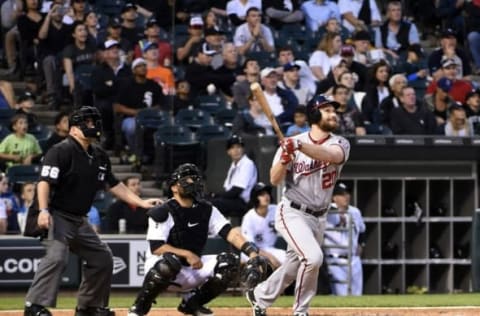 Jun 9, 2016; Chicago, IL, USA; Washington Nationals second baseman Daniel Murphy (20) watches his home run against the Chicago White Sox during the fifth inning at U.S. Cellular Field. Mandatory Credit: David Banks-USA TODAY Sports