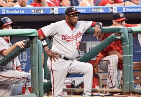 May 31, 2016; Philadelphia, PA, USA; Washington Nationals manager Dusty Baker (12) watches the game from the dugout steps against the Philadelphia Phillies at Citizens Bank Park. Mandatory Credit: Eric Hartline-USA TODAY Sports