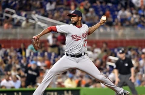 May 20, 2016; Miami, FL, USA; Washington Nationals relief pitcher Felipe Rivero (73) throws against the Miami Marlins during the sixth inning at Marlins Park. The Nationals won 4-1. Mandatory Credit: Steve Mitchell-USA TODAY Sports