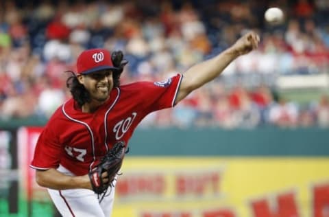 May 28, 2016; Washington, DC, USA; Washington Nationals starting pitcher Gio Gonzalez (47) pitches against the St. Louis Cardinals in the first inning at Nationals Park. Mandatory Credit: Geoff Burke-USA TODAY Sports