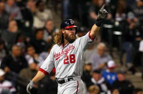 Jun 7, 2016; Chicago, IL, USA; Washington Nationals left fielder Jayson Werth (28) reacts after being hit in by right fielder Bryce Harper (34) during the fifth inning against the Chicago White Sox at U.S. Cellular Field. Mandatory Credit: Caylor Arnold-USA TODAY Sports