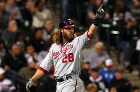 Jun 7, 2016; Chicago, IL, USA; Washington Nationals left fielder Jayson Werth (28) reacts after being hit in by right fielder Bryce Harper (34) during the fifth inning against the Chicago White Sox at U.S. Cellular Field. Mandatory Credit: Caylor Arnold-USA TODAY Sports