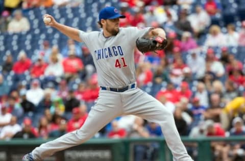 Jun 8, 2016; Philadelphia, PA, USA; Chicago Cubs starting pitcher John Lackey (41) pitches during the first inning against the Philadelphia Phillies at Citizens Bank Park. Mandatory Credit: Bill Streicher-USA TODAY Sports