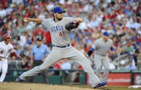 Jun 14, 2016; Washington, DC, USA; Chicago Cubs starting pitcher John Lackey (41) throws to the Washington Nationals during the third inning at Nationals Park. Mandatory Credit: Brad Mills-USA TODAY Sports