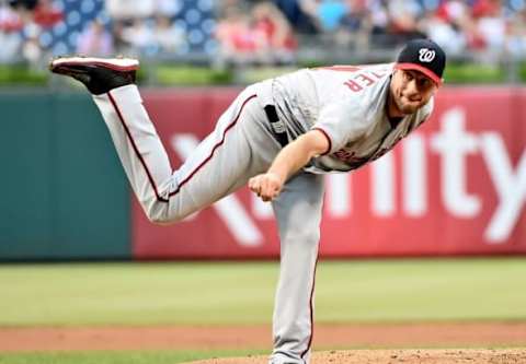 Jun 1, 2016; Philadelphia, PA, USA; Washington Nationals starting pitcher Max Scherzer (31) follows through on a pitch during the first inning against the Philadelphia Phillies at Citizens Bank Park. Mandatory Credit: Eric Hartline-USA TODAY Sports