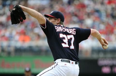 May 29, 2016; Washington, DC, USA; Washington Nationals starting pitcher Stephen Strasburg (37) throws to the St. Louis Cardinals during the second inning at Nationals Park. Mandatory Credit: Brad Mills-USA TODAY Sports