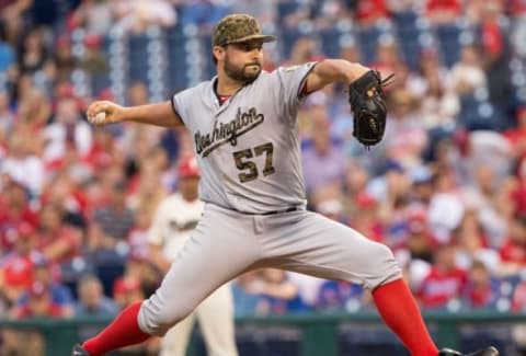 May 30, 2016; Philadelphia, PA, USA; Washington Nationals starting pitcher Tanner Roark (57) pitches during the first inning against the Philadelphia Phillies at Citizens Bank Park. Mandatory Credit: Bill Streicher-USA TODAY Sports