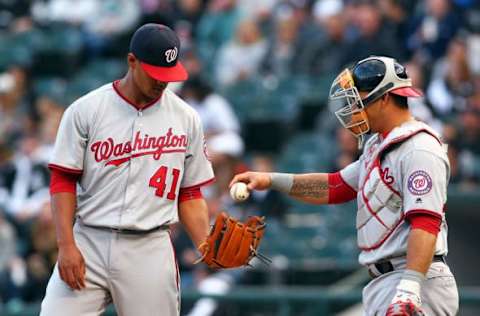 Jun 7, 2016; Chicago, IL, USA; Washington Nationals starting pitcher Joe Ross (41) and catcher Wilson Ramos (40) meet at the mound during the first inning against the Chicago White Sox at U.S. Cellular Field. Mandatory Credit: Caylor Arnold-USA TODAY Sports