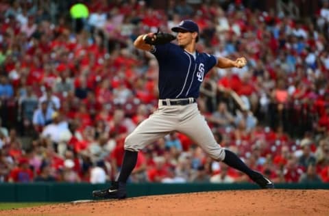 Jul 18, 2016; St. Louis, MO, USA; San Diego Padres starting pitcher Christian Friedrich (53) pitches to a St. Louis Cardinals batter during the second inning at Busch Stadium. Mandatory Credit: Jeff Curry-USA TODAY Sports