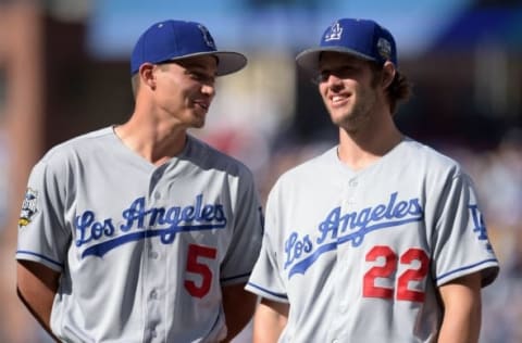 Jul 12, 2016; San Diego, CA, USA; National League infielder Corey Seager (5) of the Los Angeles Dodgers and National League pitcher Clayton Kershaw (22) of the Los Angeles Dodgers are introduced before the 2016 MLB All Star Game at Petco Park. Mandatory Credit: Gary A. Vasquez-USA TODAY Sports