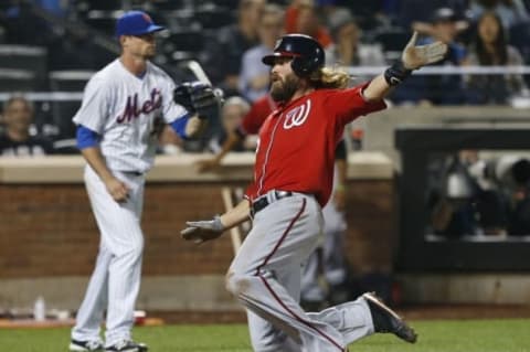 Jul 9, 2016; New York City, NY, USA; [Washington Nationals left fielder Jayson Werth (28) scores on double by Washington Nationals second baseman Daniel Murphy (20) (not pictured) in the fifth inning against the New York Mets at Citi Field. Mandatory Credit: Noah K. Murray-USA TODAY Sports