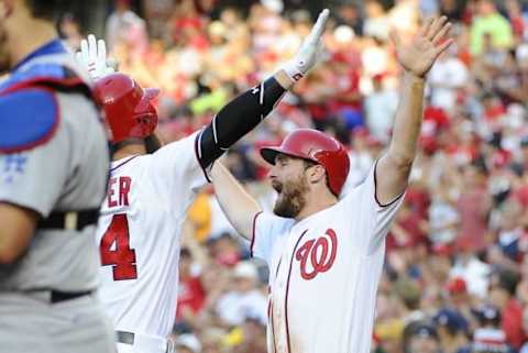 Jul 20, 2016; Washington, DC, USA; Washington Nationals first baseman Daniel Murphy (20) reacts after scoring a run against the Los Angeles Dodgers during the first inning at Nationals Park. Mandatory Credit: Brad Mills-USA TODAY Sports