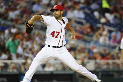 Jul 20, 2016; Washington, DC, USA; Washington Nationals starting pitcher Gio Gonzalez (47) throws to the Los Angeles Dodgers during the fourth inning at Nationals Park. Mandatory Credit: Brad Mills-USA TODAY Sports