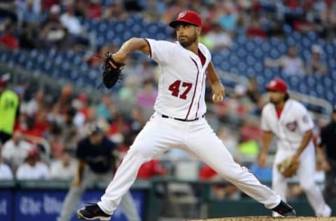 Jul 5, 2016; Washington, DC, USA; Washington Nationals starting pitcher Gio Gonzalez (47) throws to the Milwaukee Brewers during the third inning at Nationals Park. Mandatory Credit: Brad Mills-USA TODAY Sports