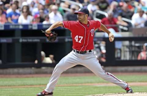 Jul 10, 2016; New York City, NY, USA; Washington Nationals starting pitcher Gio Gonzalez (47) pitches during the first inning against the New York Mets at Citi Field. Mandatory Credit: Anthony Gruppuso-USA TODAY Sports