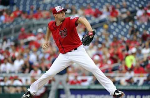 Jul 4, 2016; Washington, DC, USA; Washington Nationals starting pitcher Max Scherzer (31) throws to the Milwaukee Brewers during the fourth inning at Nationals Park. Mandatory Credit: Brad Mills-USA TODAY Sports