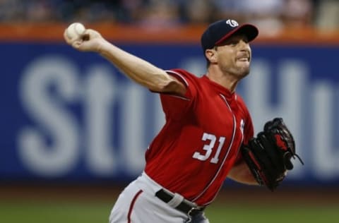 Jul 9, 2016; New York City, NY, USA; Washington Nationals starting pitcher Max Scherzer (31) delivers a pitch against the in the first inning at Citi Field. Mandatory Credit: Noah K. Murray-USA TODAY Sports