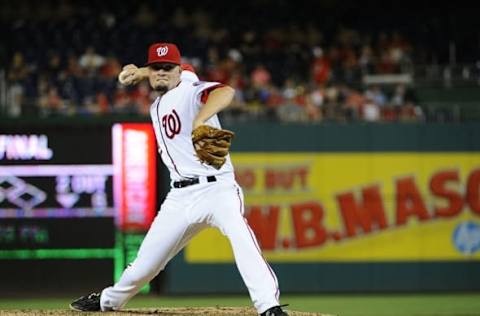 Jul 20, 2016; Washington, DC, USA; Washington Nationals relief pitcher Koda Glover (32) throws to the Los Angeles Dodgers during the ninth inning at Nationals Park. Mandatory Credit: Brad Mills-USA TODAY Sports