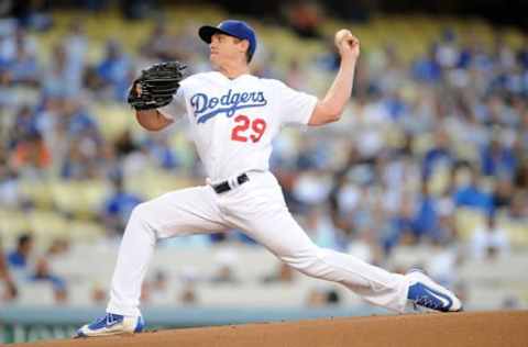 July 8, 2016; Los Angeles, CA, USA; Los Angeles Dodgers starting pitcher Scott Kazmir (29) throws in the first inning against San Diego Padres at Dodger Stadium. Mandatory Credit: Gary A. Vasquez-USA TODAY Sports