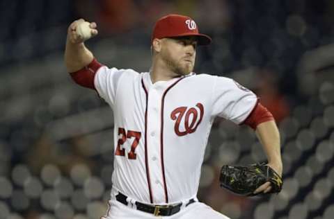 Jun 29, 2016; Washington, DC, USA; Washington Nationals relief pitcher Shawn Kelley (27) pitches during the ninth inning against the New York Mets at Nationals Park. Washington Nationals defeated New York Mets 5-0. Mandatory Credit: Tommy Gilligan-USA TODAY Sports