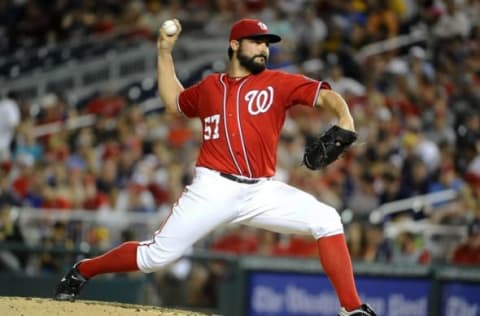 Jul 16, 2016; Washington, DC, USA; Washington Nationals starting pitcher Tanner Roark (57) throws against the Pittsburgh Pirates during the third inning at Nationals Park. Mandatory Credit: Brad Mills-USA TODAY Sports