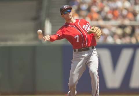 Jul 31, 2016; San Francisco, CA, USA; Washington Nationals second baseman Trea Turner (7) throws out San Francisco Giants center fielder Angel Pagan (not pictured) during the first inning at AT&T Park. Mandatory Credit: Neville E. Guard-USA TODAY Sports