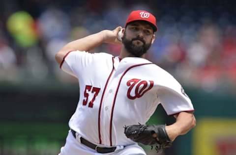 Aug 7, 2016; Washington, DC, USA; Washington Nationals starting pitcher Tanner Roark (57) pitches during the first inning against the San Francisco Giants at Nationals Park. Mandatory Credit: Tommy Gilligan-USA TODAY Sports