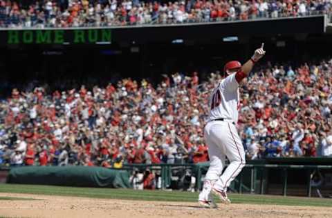 Aug 7, 2016; Washington, DC, USA; Washington Nationals catcher Wilson Ramos (40) celebrates after hitting a solo home run off San Francisco Giants starting pitcher Madison Bumgarner (40) (not pictured) during the seventh inning at Nationals Park. Washington Nationals defeated San Francisco Giants 1-0. Mandatory Credit: Tommy Gilligan-USA TODAY Sports