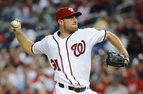 Aug 9, 2016; Washington, DC, USA; Washington Nationals starting pitcher Max Scherzer (31) throws to the Cleveland Indians during the fourth inning at Nationals Park. Mandatory Credit: Brad Mills-USA TODAY Sports