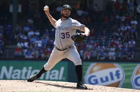 Aug 11, 2016; Arlington, TX, USA; Colorado Rockies starting pitcher Chad Bettis (35) throws a pitch in the first inning against the Texas Rangers at Globe Life Park in Arlington. Mandatory Credit: Tim Heitman-USA TODAY Sports