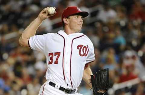 Aug 12, 2016; Washington, DC, USA; Washington Nationals starting pitcher Stephen Strasburg (37) throws to the Atlanta Braves during the sixth inning at Nationals Park. Mandatory Credit: Brad Mills-USA TODAY Sports