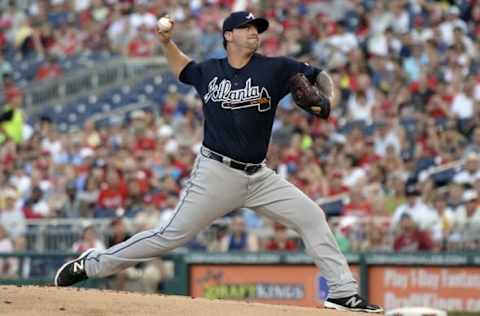 Aug 13, 2016; Washington, DC, USA; Atlanta Braves starting pitcher Rob Whalen (63) pitches during the first inning against the Washington Nationals at Nationals Park. Mandatory Credit: Tommy Gilligan-USA TODAY Sports