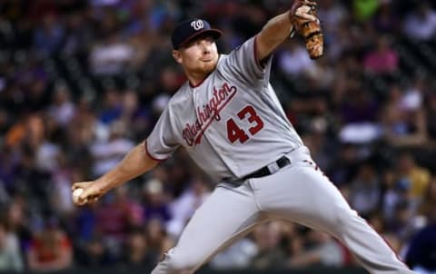 Aug 15, 2016; Denver, CO, USA; Washington Nationals relief pitcher Mark Melancon (43) delivers a pitch in the ninth inning against the Colorado Rockies at Coors Field. The Nationals defeated the Rockies 5-4. Mandatory Credit: Ron Chenoy-USA TODAY Sports